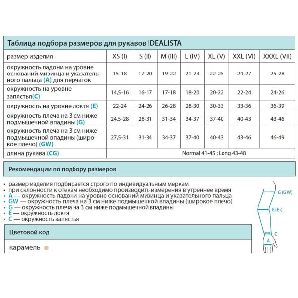 Рукав компрессионный, плоская вязка IDEALISTA ID-403 2 класс компрессии цвет карамель